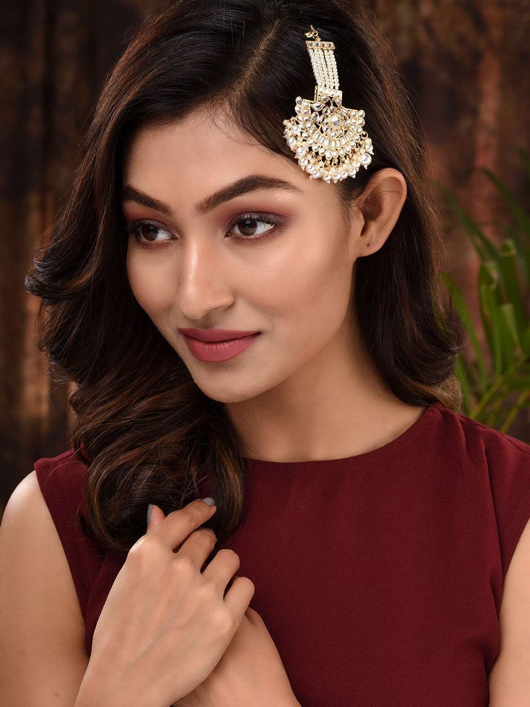 Gold Plated Kundan studded Pearl beadded Cresent Jhumar Passa