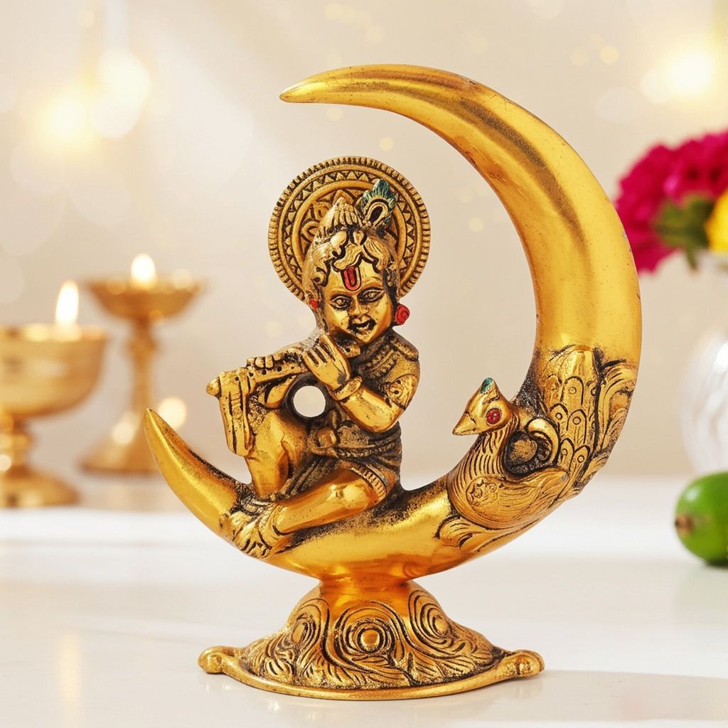 Aluminium Showpiece Krishna On Moon Statue (ASMAS305 G)