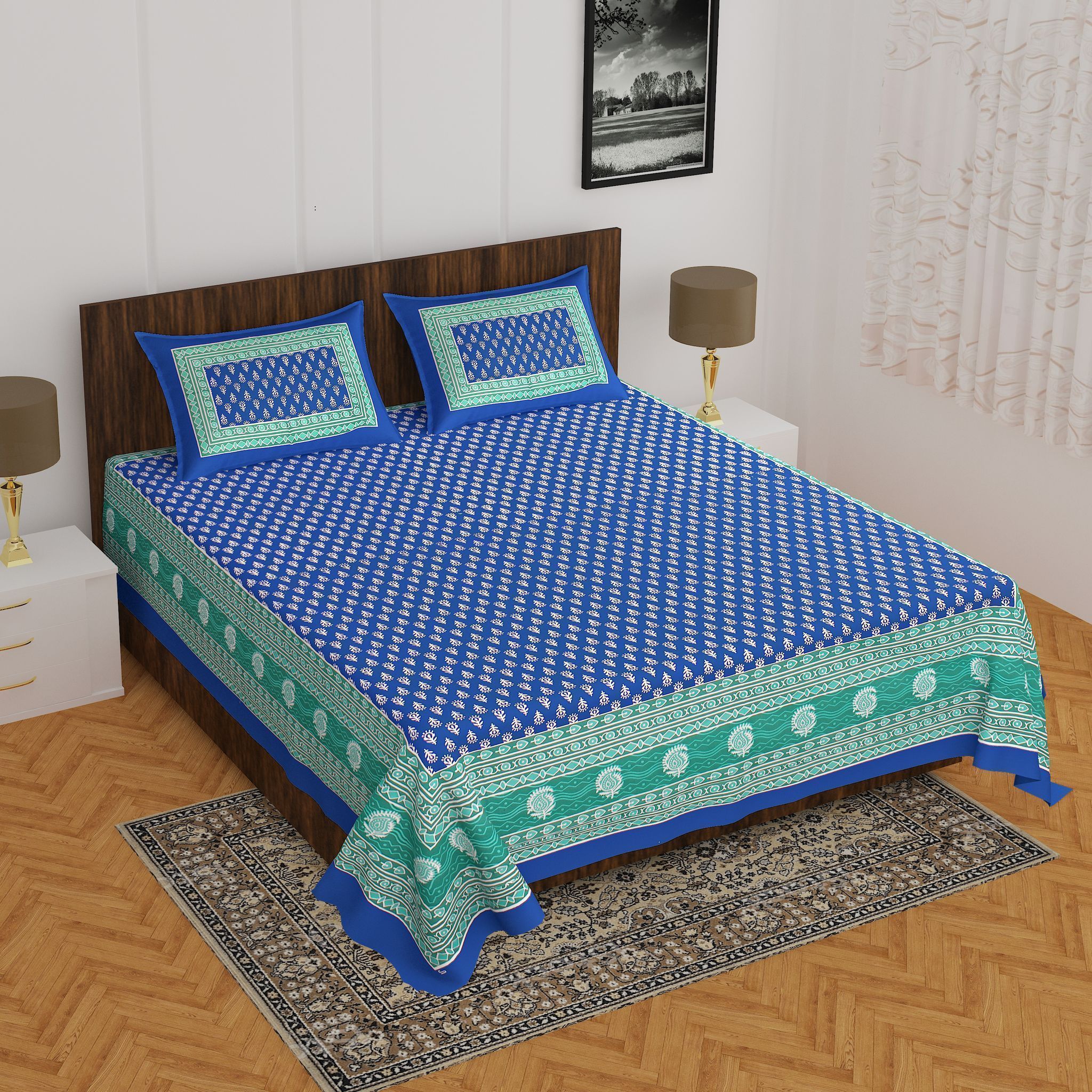 3001-Hometrade India-Standard King Size (90*108 Inches) Double Bedsheet With 2 Pillow Cover-RJ-14-Jaipur lining-3141