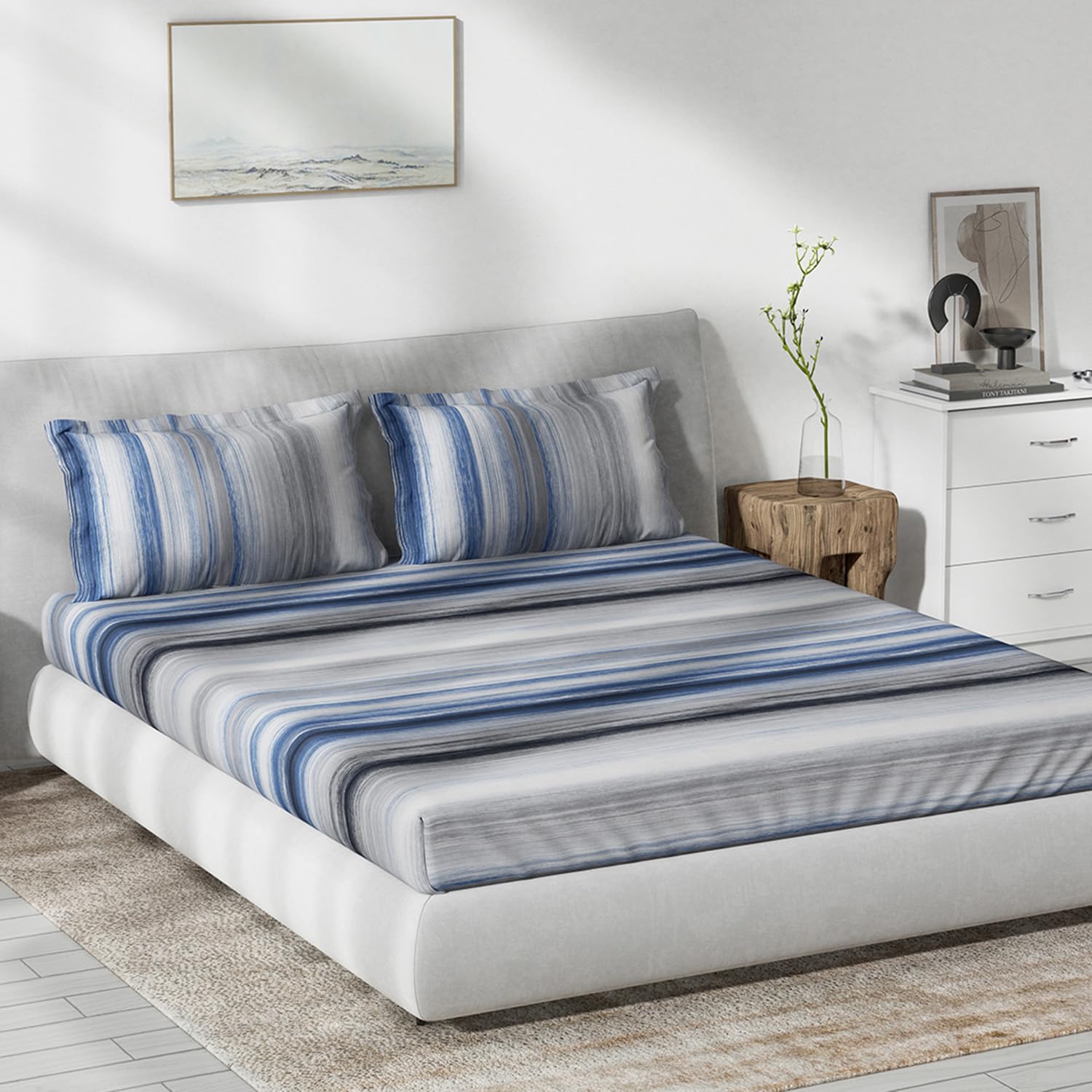 DDECOR - The Prime Collection 100% Cotton Contemporary Pattern 145TC King Bedsheet |229 CM X 274 CM| with 2 Pillow Covers - Blue