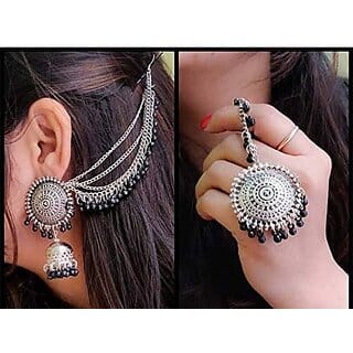 Silver Jewellry Oxidised Black Maang Tikka With Earring for Women Girls Silver Jewellry Oxidised Black Maang Tikka With Earring for Women Girls