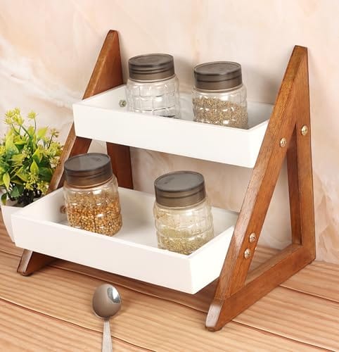 Kundi Versatile Wooden Triangular Spice Rack - 2-Tier Kitchen Countertop Organizer with Jars & Bottles Holder