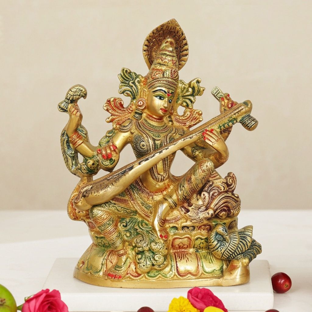 Brass Saraswati Color Idol - Artistic Decorative Statue, Height : 10.5 Inch (BSMAS1413 L)