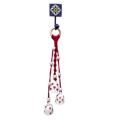 Handcrafted Macrame Knotted Ceramic 3 Red Heart Bells Chime with Handmade Ceramic Hook.