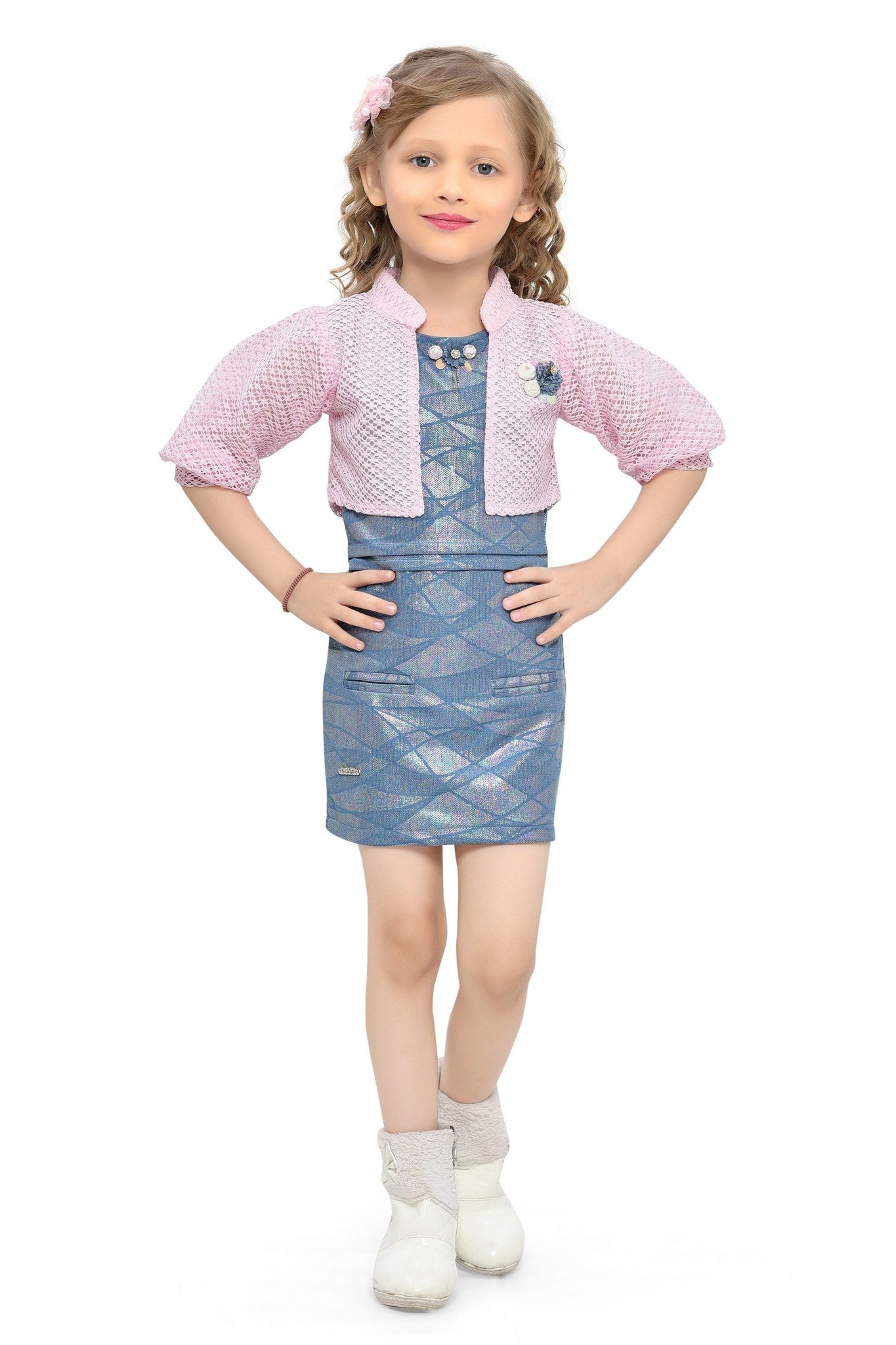 Be:Kids Chic Blossom Girls' Shimmering Blue Geometric Dress with Pink Crochet Shrug Set
