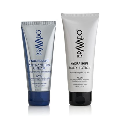 Bravado Skin Care Kit | Face Sculpt Anti Agieng Cream (50g) + Face Hydra Soft Body Lotion (100ml) | Deep nourishing & Moisturizing, Anti-Ageing, Reduce Dark Spot, Wrinkle Lift | Pack of 2