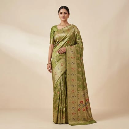 Green Banarasi Satin Zari Embroidered Saree For Women