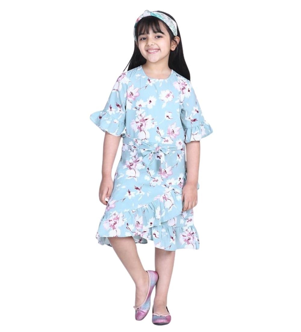 Girl's Polyester Crepe Floral Bell Sleeve Dress (Turquoise Blue, 4-5-Yrs)-PID66028