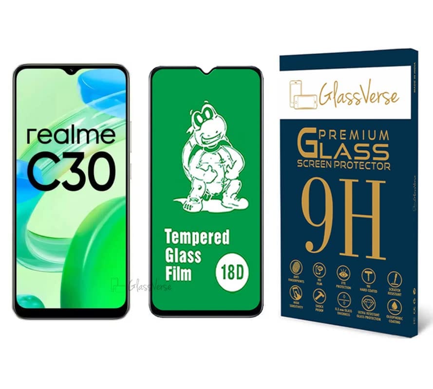 GlassVerse 18D Tempered Glass With Inbuilt AirBag Borders For Realme C30 (Pack of 1) with Free Installation Kit Full screen Coverage Free Replacement If Received Damaged - 6.5 inch GlassVerse 18D Tempered Glass With Inbuilt AirBag Borders For Realme C30 