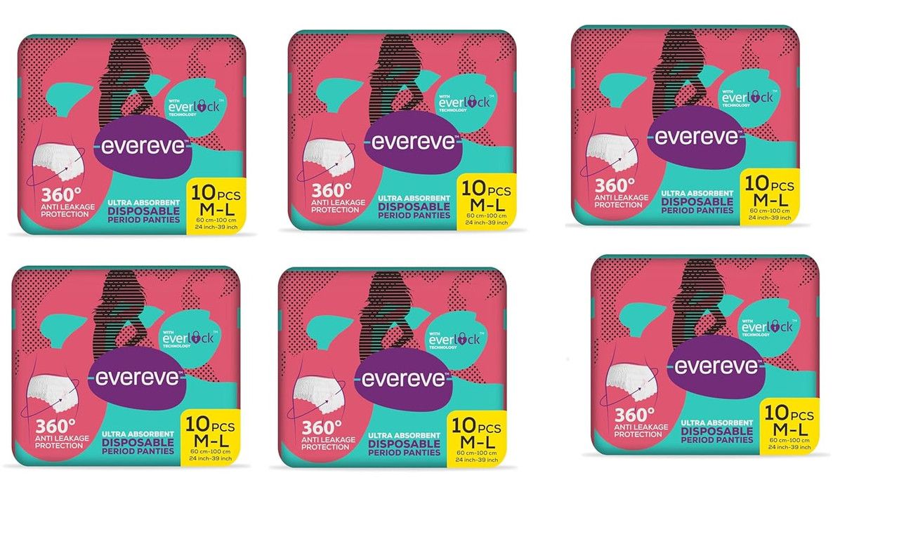 EverEve Ultra Absorbent Disposable Period Panties,M-L,6X10's Pack,0% Leaks,Sanitary Protection For Women&Girls,Maternity Delivery Pad,360Protection,Postpartum&Overnight Use,Heavy Flow Pack Of 60