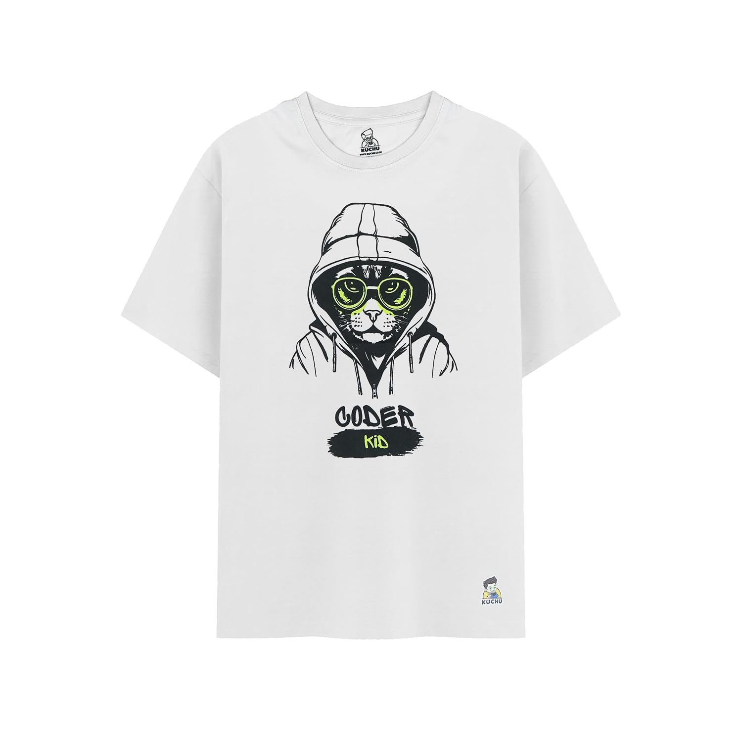 KUCHU Kids’ Unisex T-Shirt “Coder Cat” Digital Print | Soft Cotton-Modal Blend, Breathable, Comfortable & Stylish Casual Wear for Boys & Girls