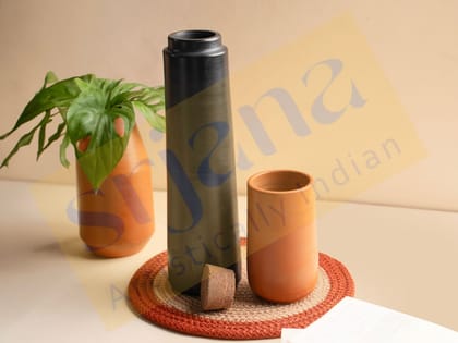 Srjana Handicraft Terracotta Black Bottle with Tumbler Set of 2