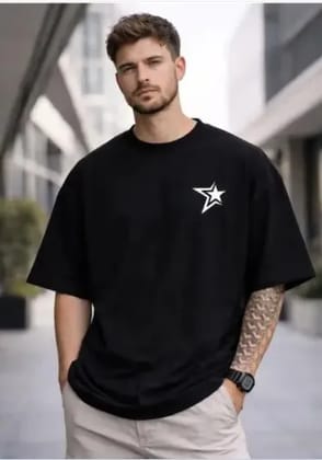 Men Trendy Black Oversized Cotton Blend T-Shirt | Star Peace Sign Pocket Print Shoulder Loose Fit Casual Streetwear Tee For Men & Boys