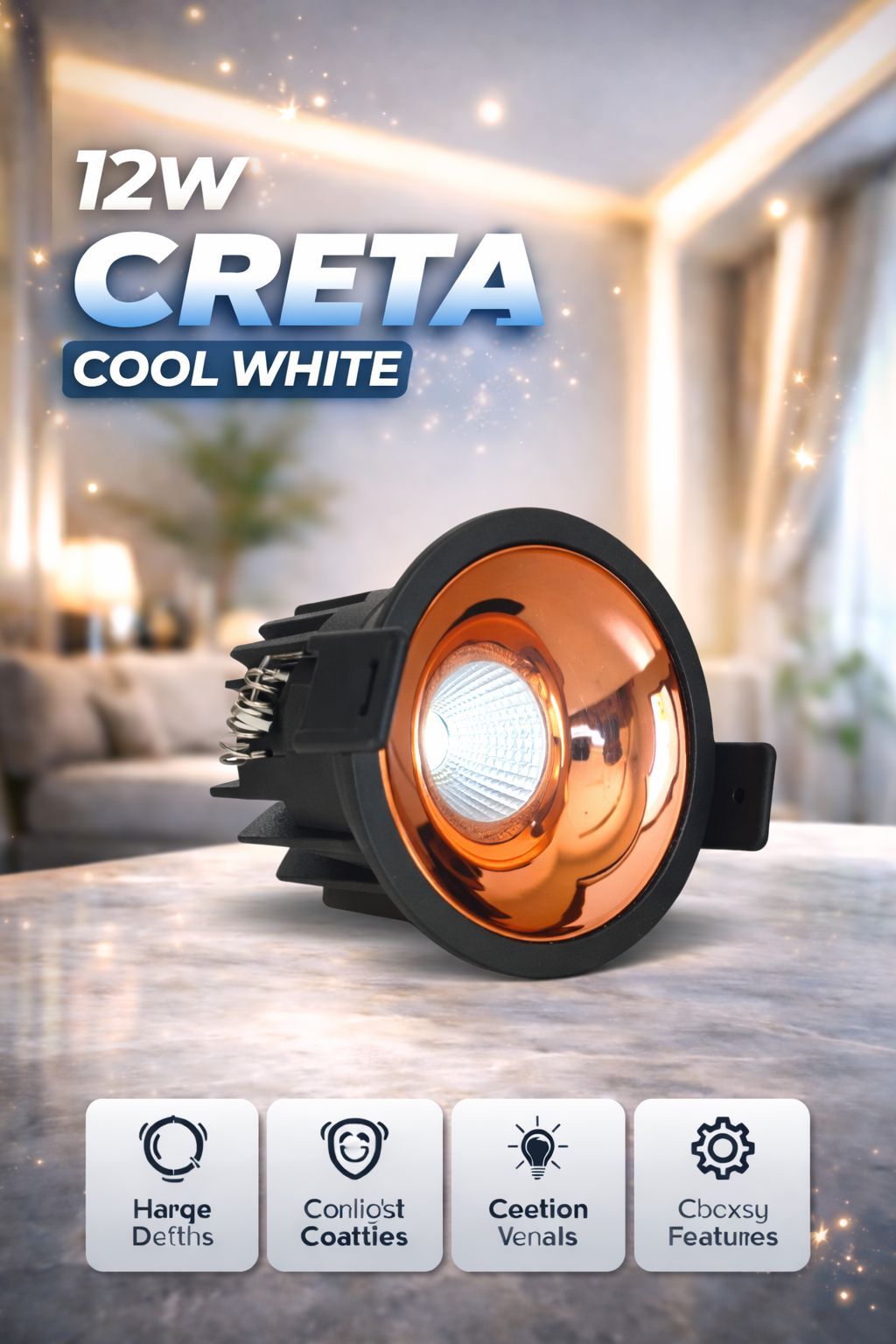 SPARKWORLD 12W LED COB Spot Light | Black Body with Shining Rose Gold Reflector | Cool White Recessed POP Ceiling Light Pack of 1