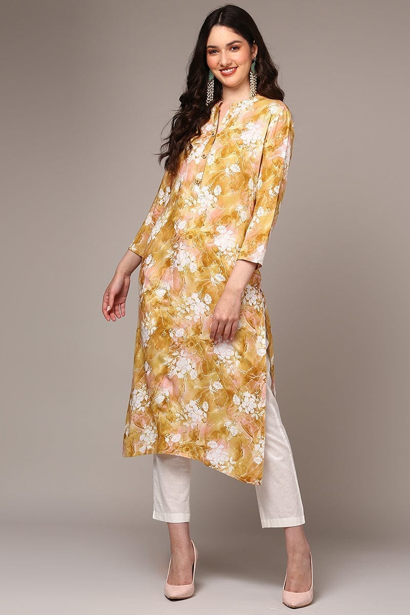 Plus Size Yellow Viscose Rayon Floral Printed Straight Kurta VCK9501