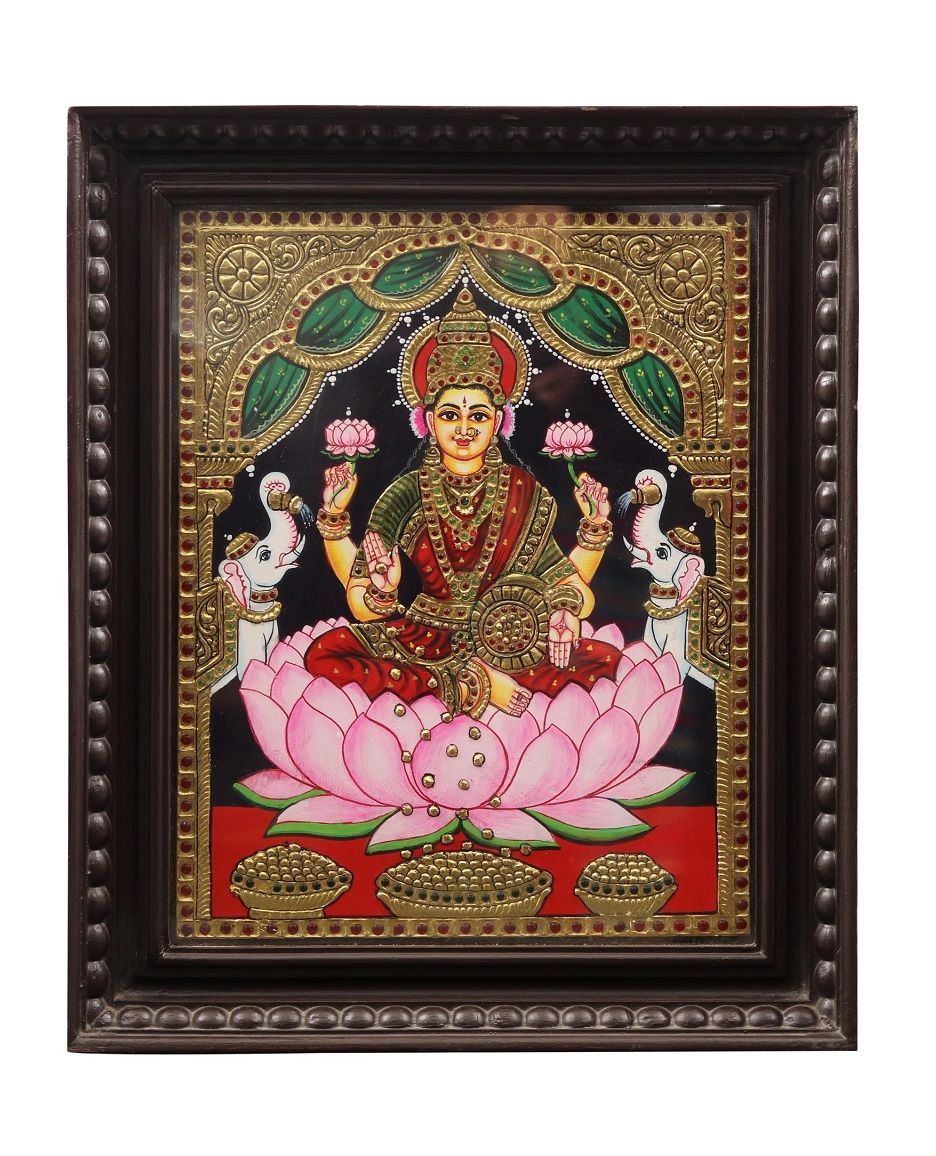 Goddess Gajalakshmi Seated on Lotus Traditional Tanjore Painting By Authentic Handcrafted Method (Size 12x10)