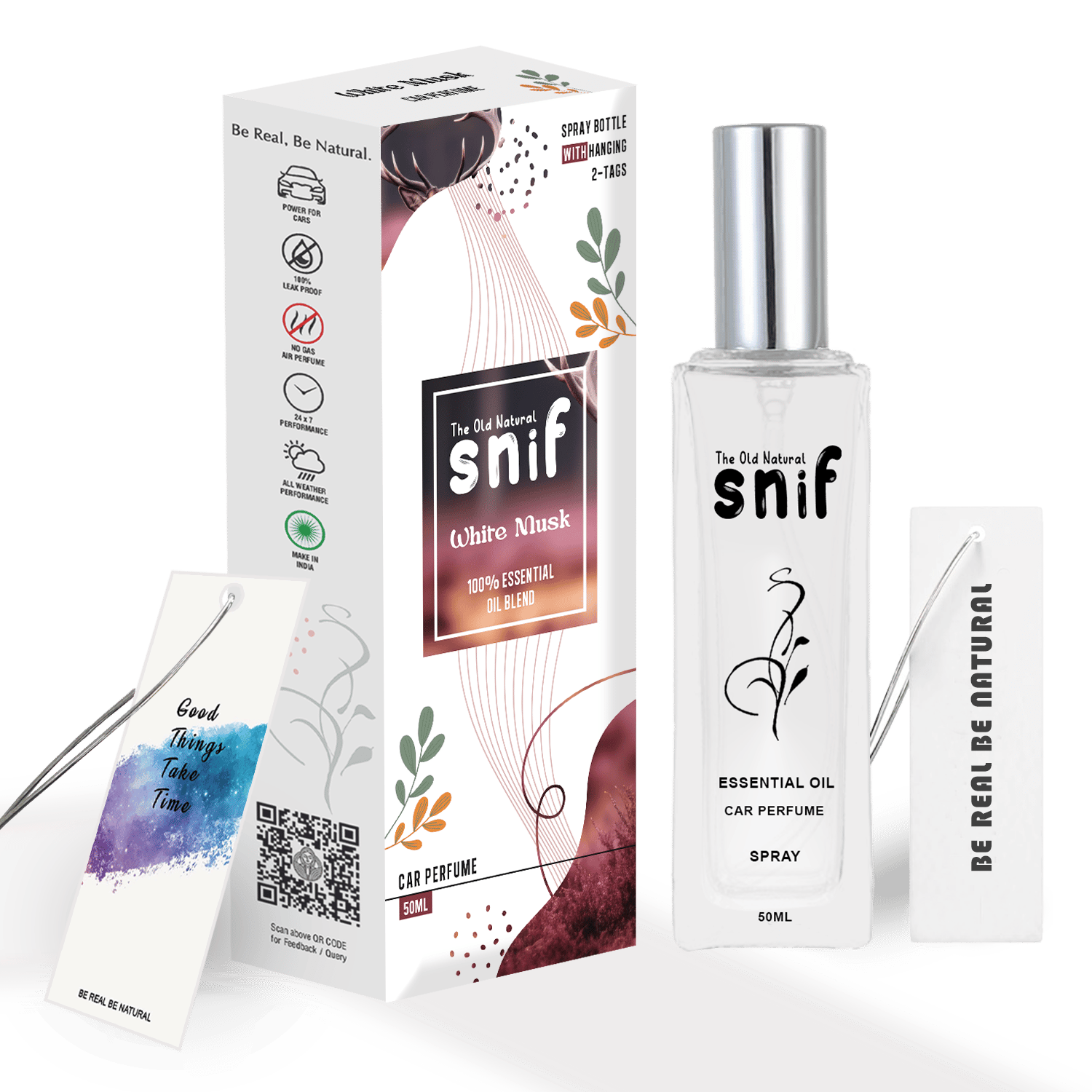 The Old Natural Spray Car Perfumes with Essential Oils Fragrance in Glass bottle with 2 Hanging Tags | Car Air Fresheners 50ml (White Musk)