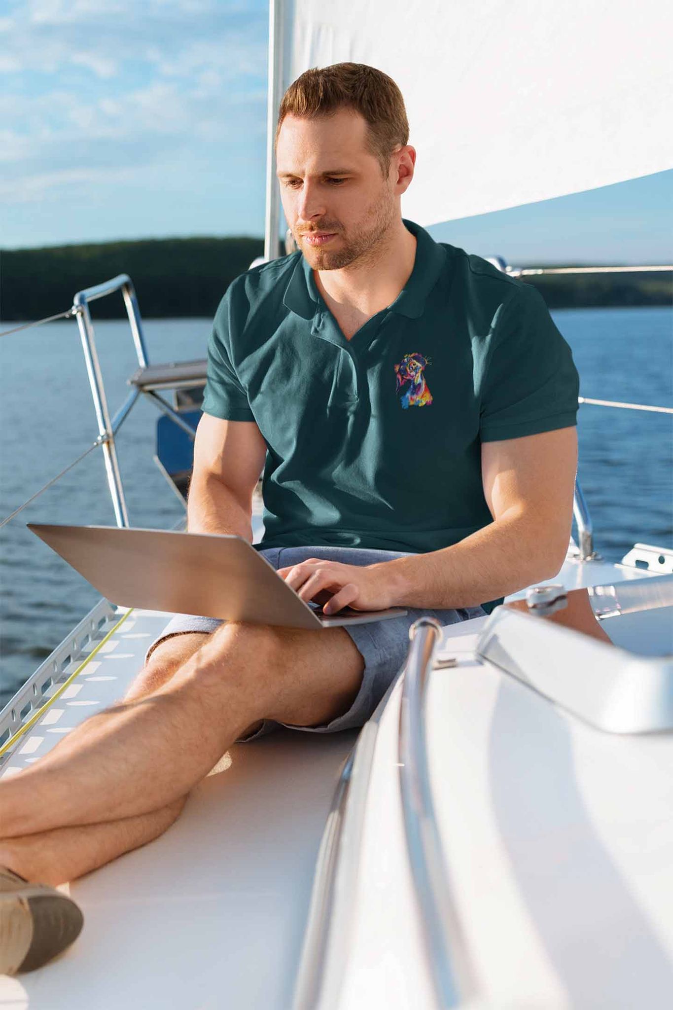 Polo Neck T-Shirt (Men) - Tilted Head Rainbow Dog (11 Colours)