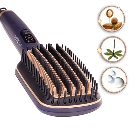 VEGA Hair Straightener Brush With Up To 12 Hrs Straightening Effect,Triple Care & Thermoprotect Technology,Frizz Free Hair In Few Mins,Hot Brush With 5 Temperature Settings(Litstyle L1,Vhsb-06),Purple VEGA Hair Straightener Brush With Up To 12 Hrs Straig
