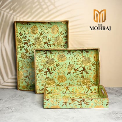 The Mohraj Green Floral MDF Trays with Curved Handles Set of 3