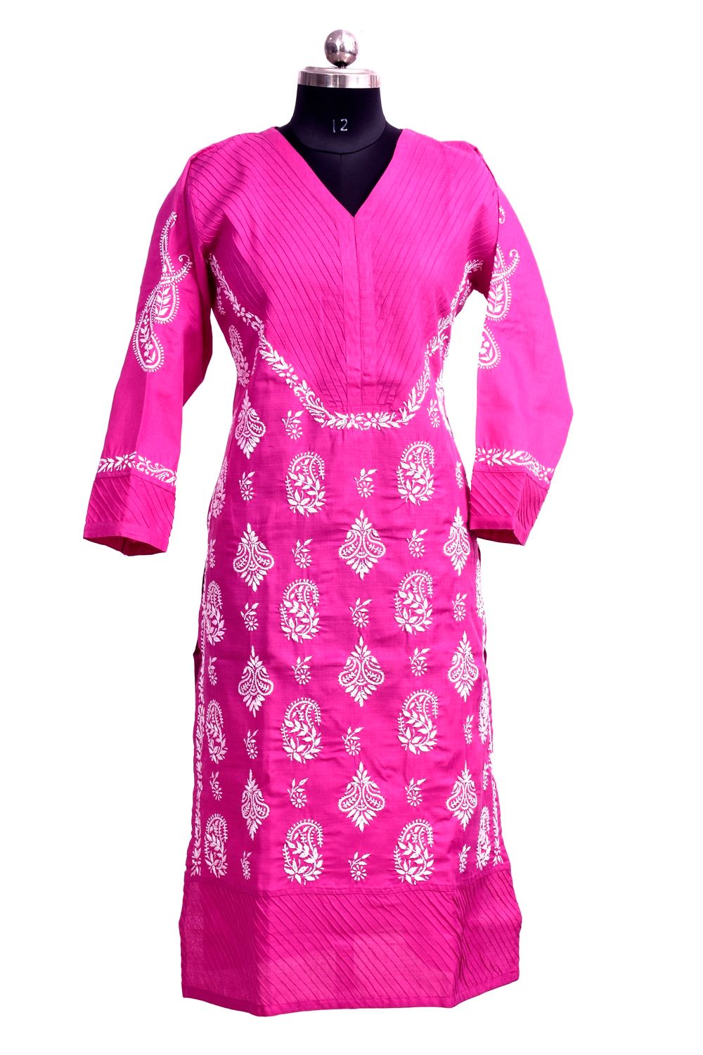 Hand-Embroidered V-Neck Kurti | Magenta