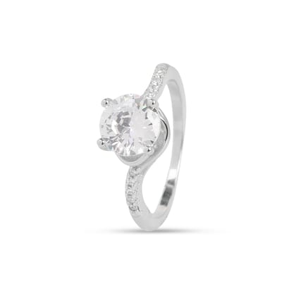 Elegant Solitaire Crystal Ring with Side Accents | Silver-Toned Engagement Ring for Women I Weight - 2.86 gram