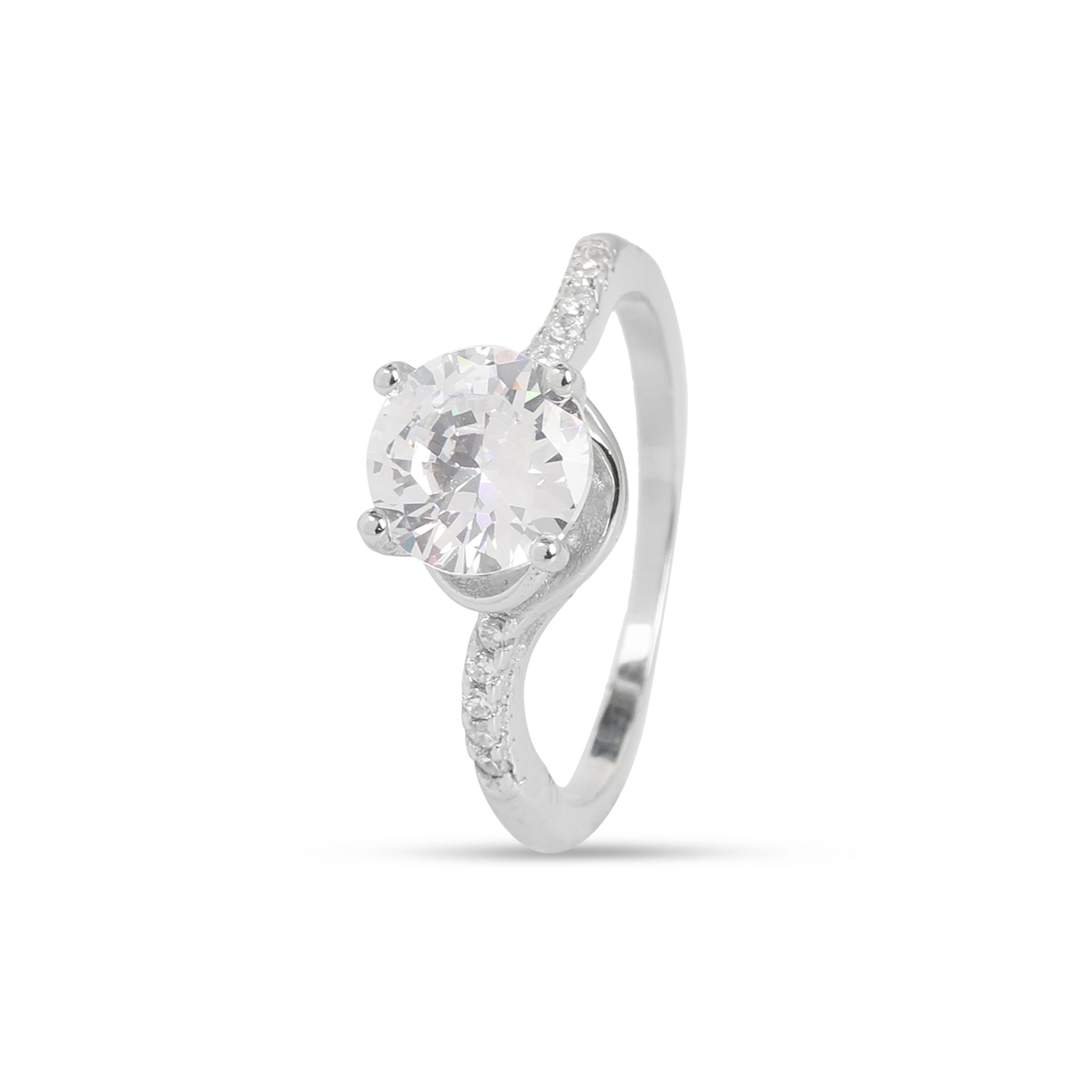 Elegant Solitaire Crystal Ring with Side Accents | Silver-Toned Engagement Ring for Women I Weight - 2.86 gram