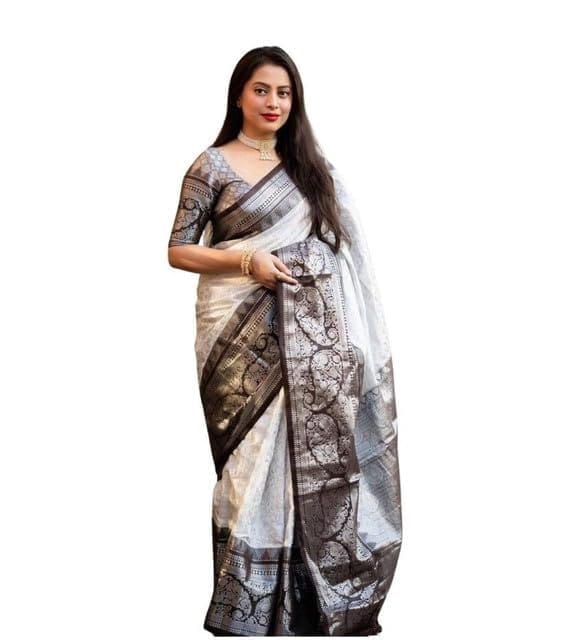 Women's Soft Lichi Silk Printed Saree With Unstitched Blouse 5.5Mtr (Off-White)-PID63684