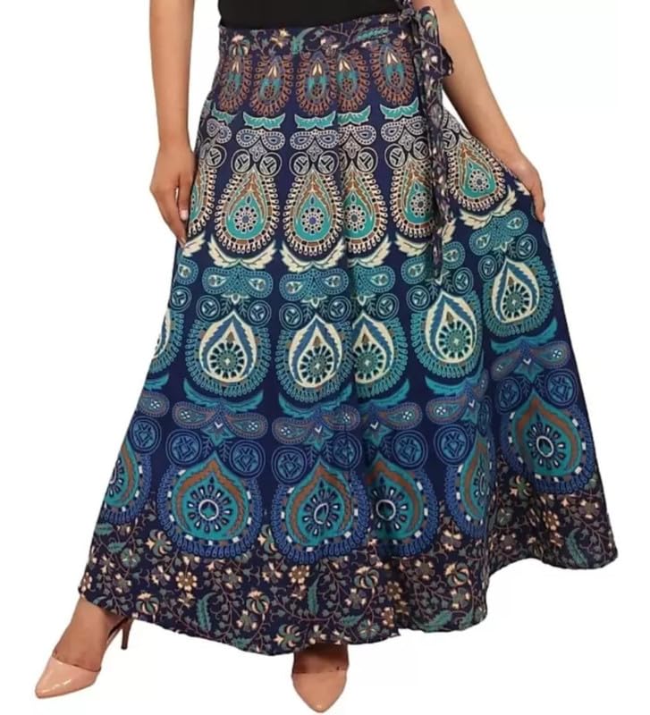 Women's Cotton Jaipur Printed Wrap Around Maxi Skirt (Blue, Free Size)-PID45910
