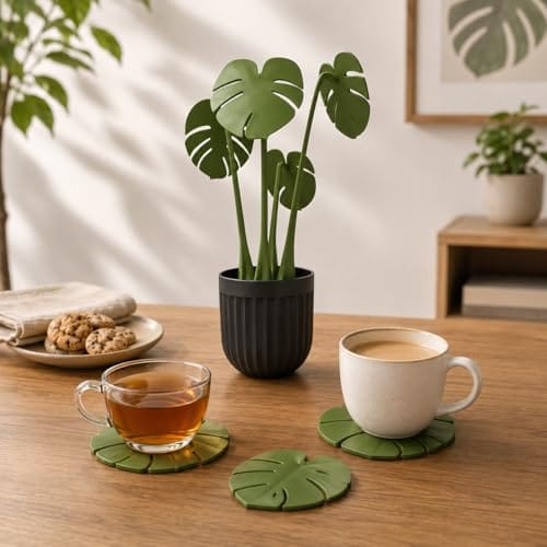 Monstera Leaf Coaster Set with Pot | Artificial Plants with Pot | Home decore | Multi-Purpose Heat Resistant