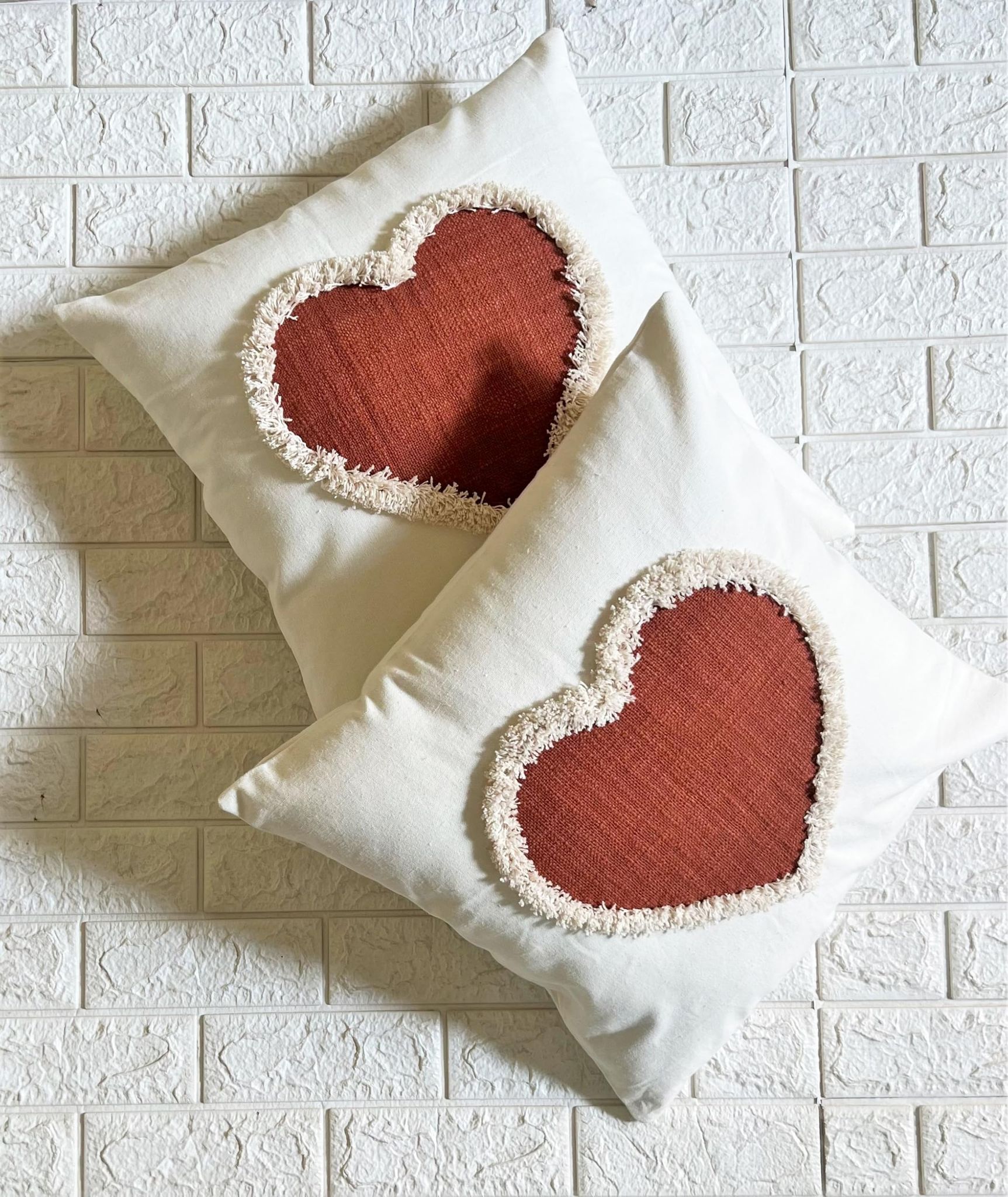 Indihomecraft Handicraft Cotton Cushion Cover - Hand Embroidery Decorative Art Boho Pillow Heart Shape Pillow Cover | Hand Stitch Square Shape 18X18 Inches Cushion Cover, Set of 3