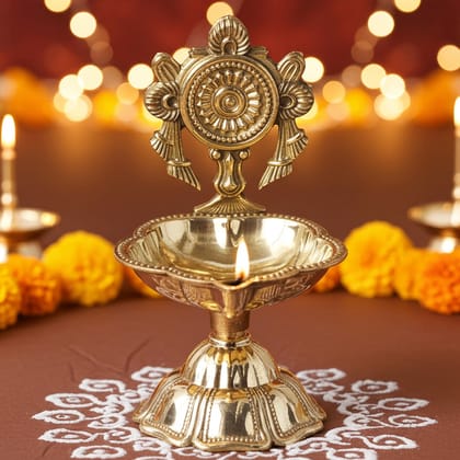 Brass Table Decor Oil Lamp, Shankh Deepak  - Antique Style Brass Oil Lamp for Décor, Height : 3.2 Inch (FMAS777 B)