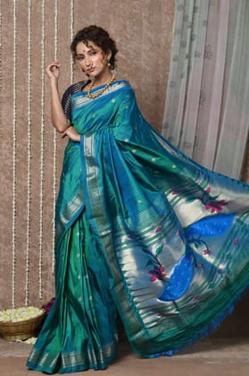 Chandrakor: Handloom Pure Silk Paithani Saree with Traditional Peacock Pallu ~ Cresent  Blue