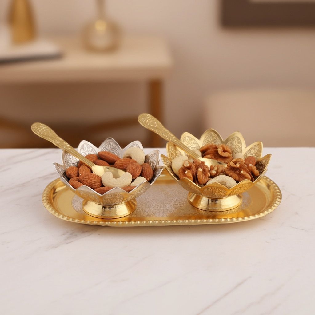 Decorative Silver & Gold Plated 2 Bowl With Tray And Two Spoon (Bmas053)