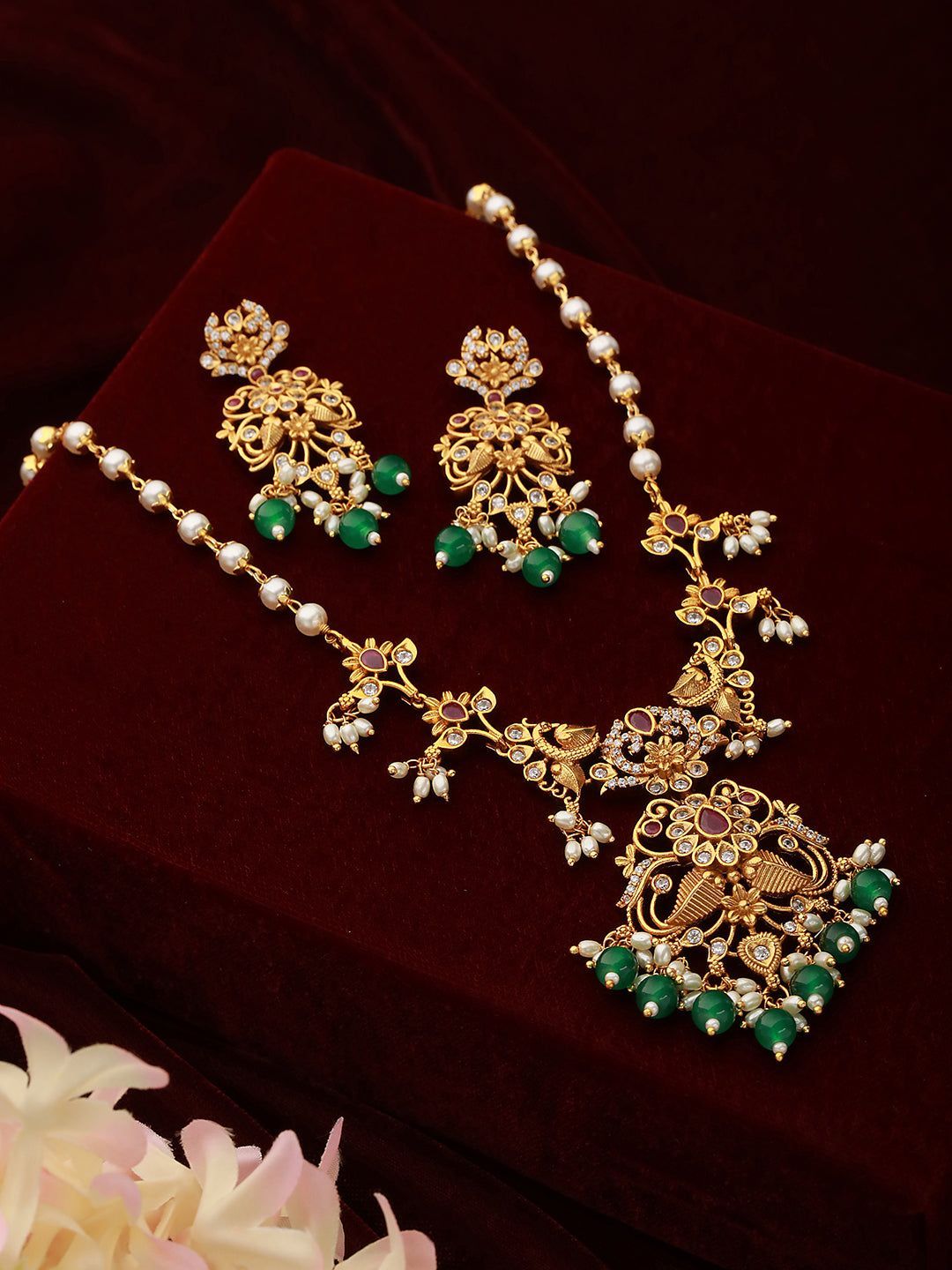 Gold Plated Pearl Mala Haram Floral Necklace Jewellery Set