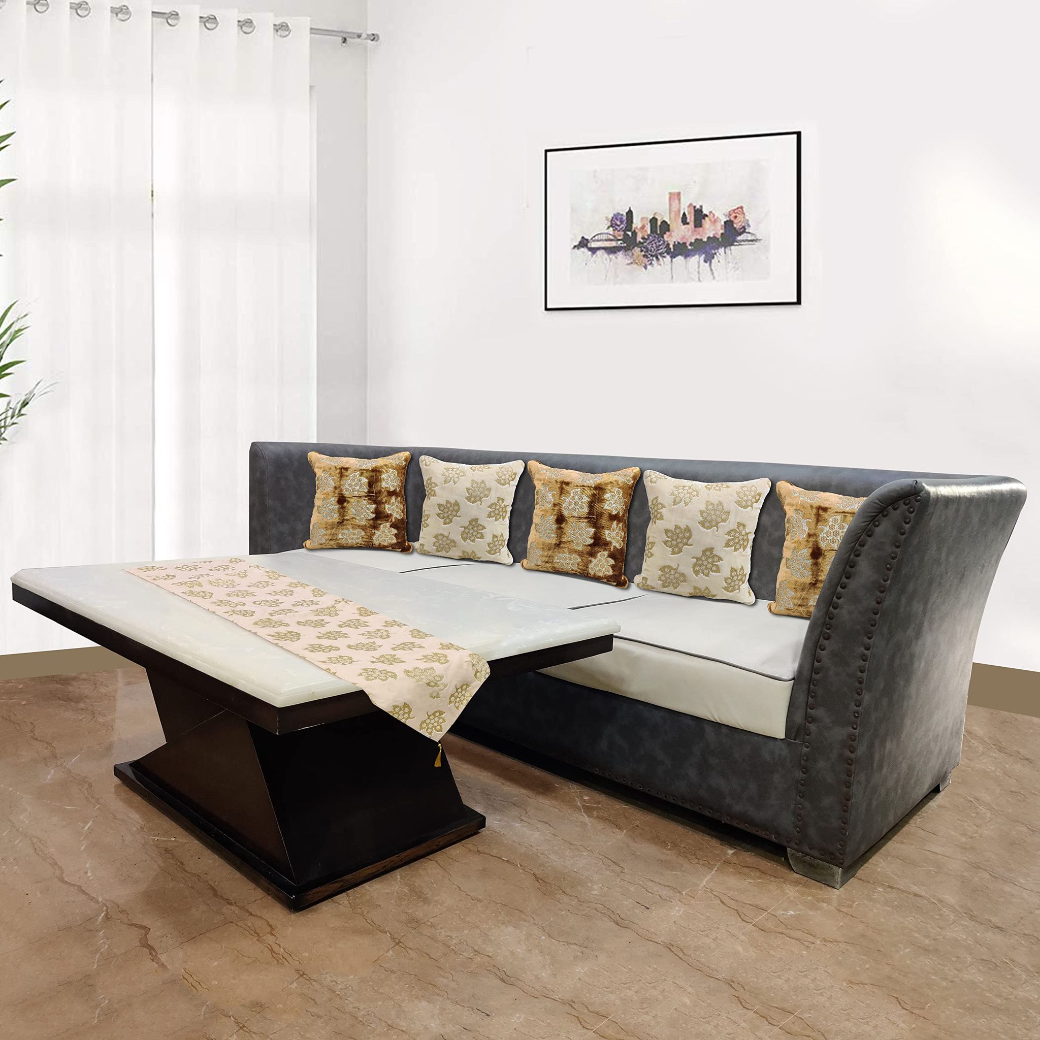 Brown Ivory Velvet Table Runner (12inch x 59 inch) with Set of 5 Sofa Cushion Covers (24inch x24 inch), Decorative Table Runners for Home Dining, Tea, Foyer Tables, Dresser Scarves, Daily Use