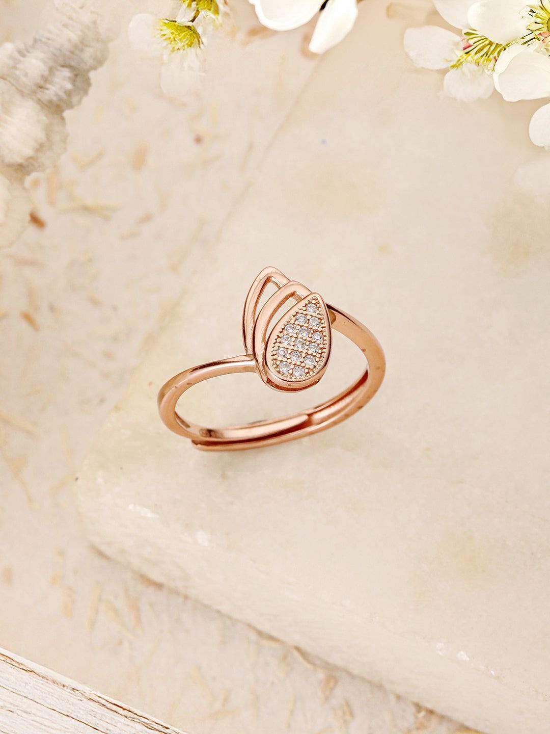 925 Sterling Silver Rose Gold Plated AD Studded Leaf Shaped Proposal Adjustable Finger Ring