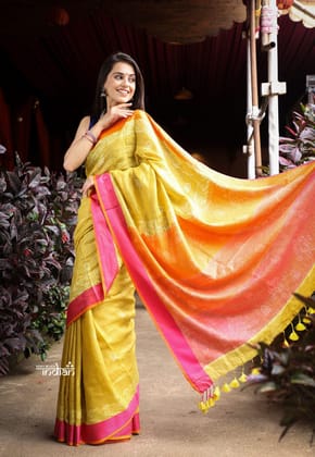 Top Selling ~ Pure Linen with Hand Block Printing - Mustard Yellow with Dual Color Border Orange and Pink