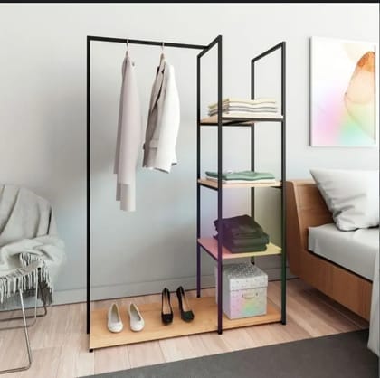 Four shelfs one hanging easy to move garment storage and hanging rack metal and plywood Portable black height 6 feet and width 4 feet