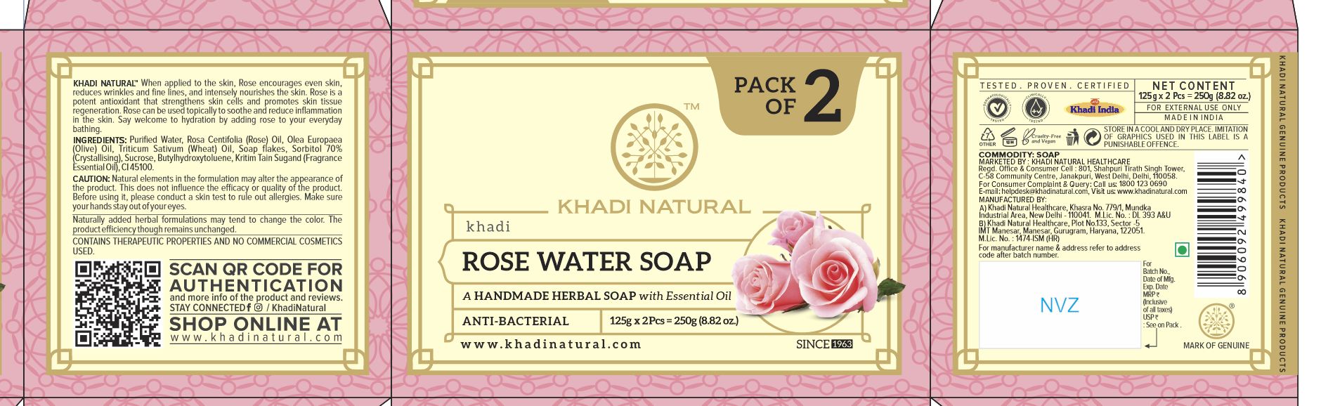 Khadi Natural Ayurvedic Rose Water Soap Combo Pack Of 2 – 125gm Each