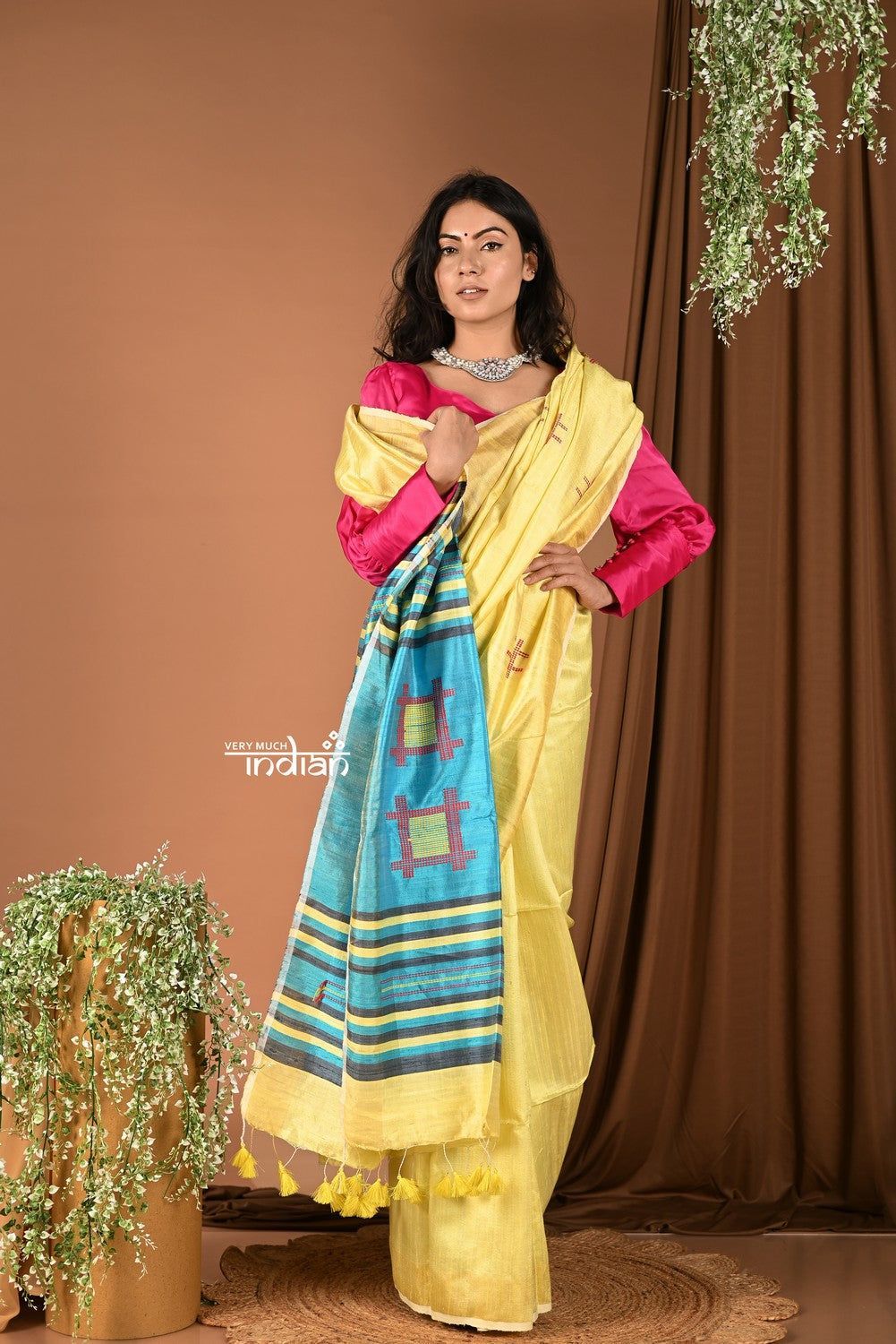 Handloom and Charkha Woven Pure Dupion Silk by Govt certified Weavers - Limelight Yellow