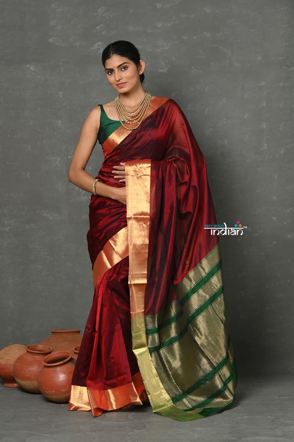 Tyohaar ~ Handloom Pure Chanderi Cotton Silk Saree With Golden Border - Maroon