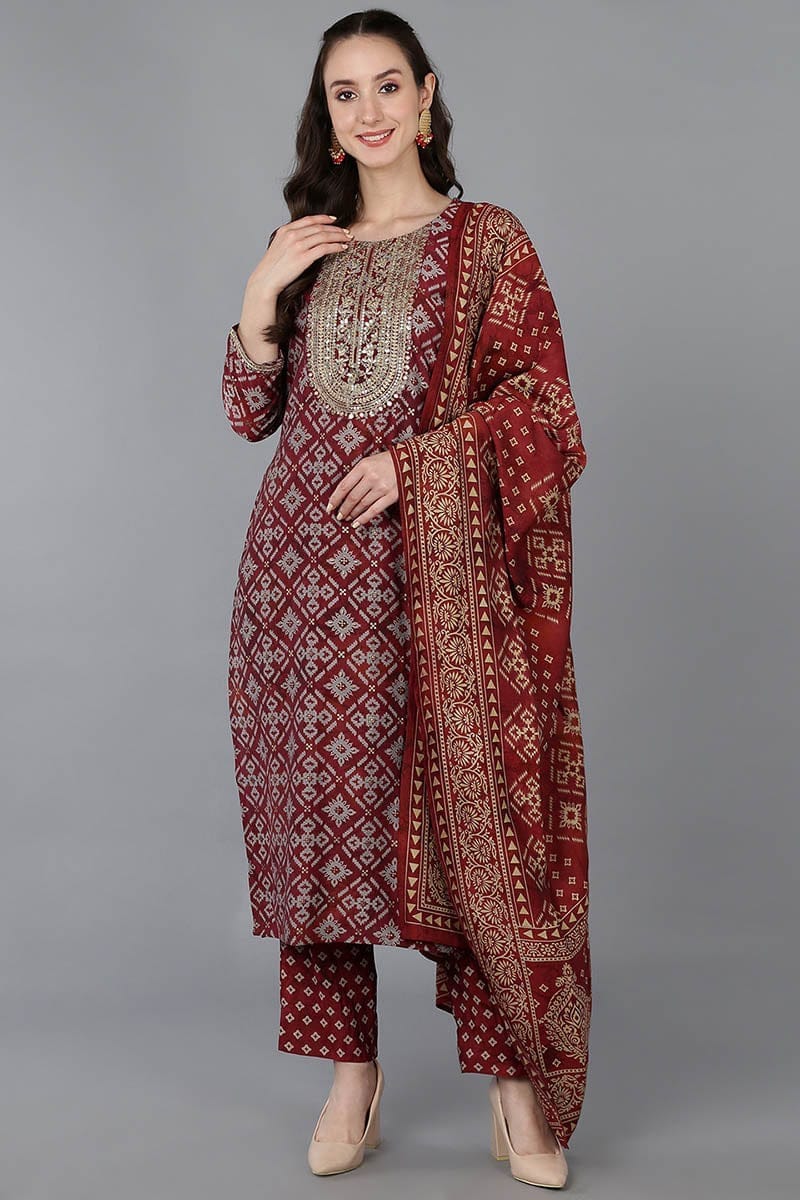 Maroon Silk Blend Abstract Print Embroidered Straight Suit Set VKSKD1687