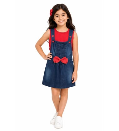 Girl's Denim & Cotton Bow Sleeveless Dungaree (Red, 2-3-Yrs)-PID66046