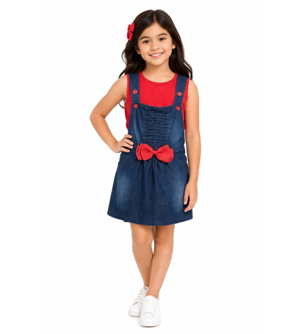 Girl's Denim & Cotton Bow Sleeveless Dungaree (Red, 2-3-Yrs)-PID66046