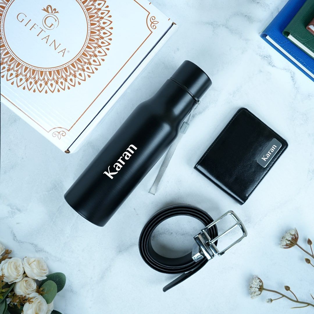 Personalized Gift : 3-in-1 Men's PU Wallet, Belt & Bottle Set