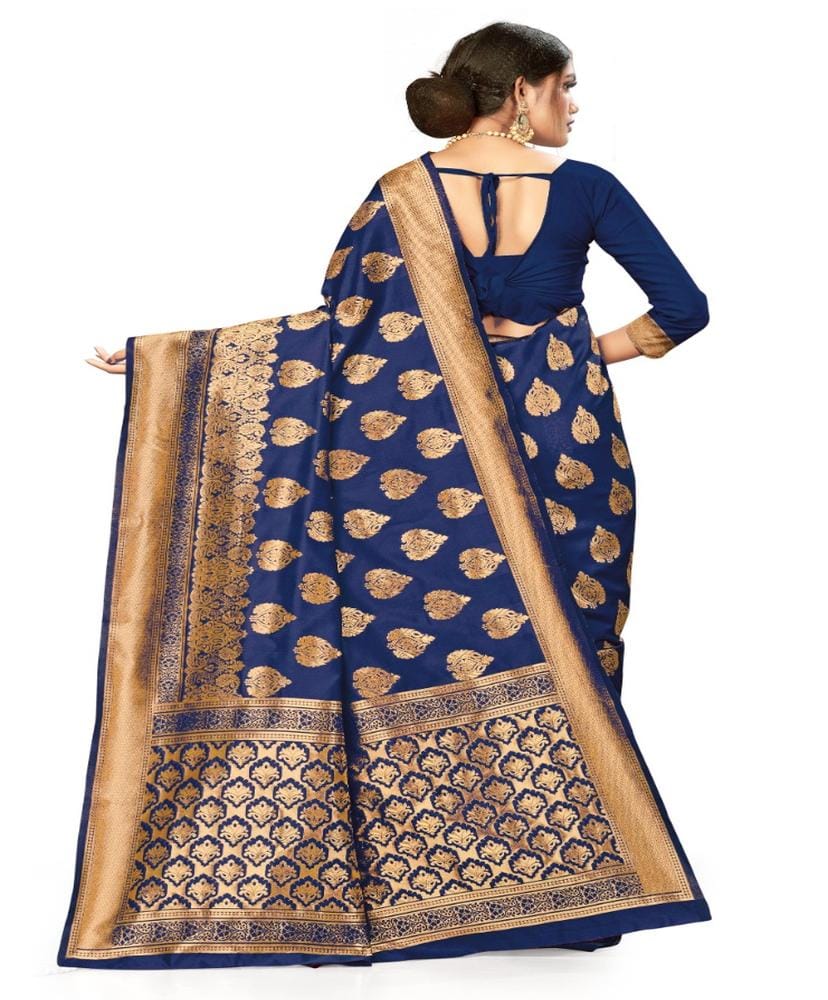 Women's Banarasi Silk Designer Weaving Saree with Unstitched Blouse (Blue, 5.50 Mtrs)