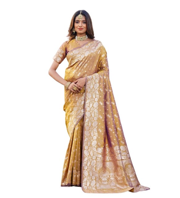 Generic Women's Jacquard Printed Saree with Unstitched Blouse Piece, Soft Lightweight 5.5 m Sari for Daily, Office and Wear (Mustard, Design 67661)