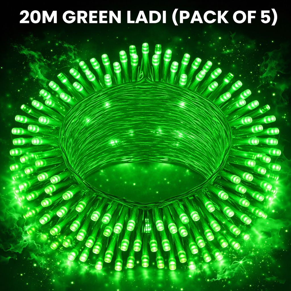 SPARKWORLD 20 Meter Green LED Decorative Ladi Light (Pack of 5) | Super Bright Festive String Lights for Diwali, Wedding, Garden & Home Decor