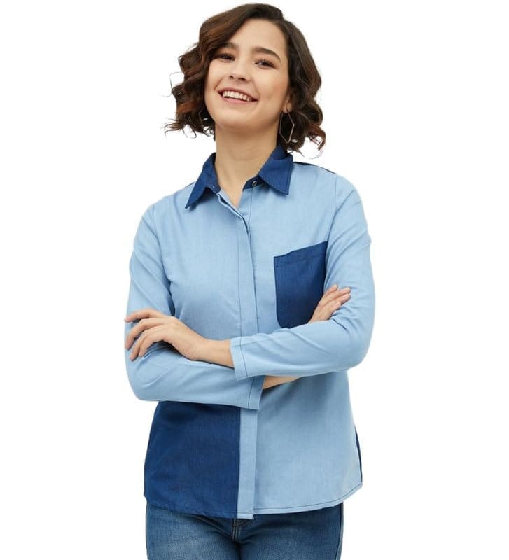 Women's Denim Patch Work Long Sleeves Standard Length Shirt (Blue, S)-PID55836